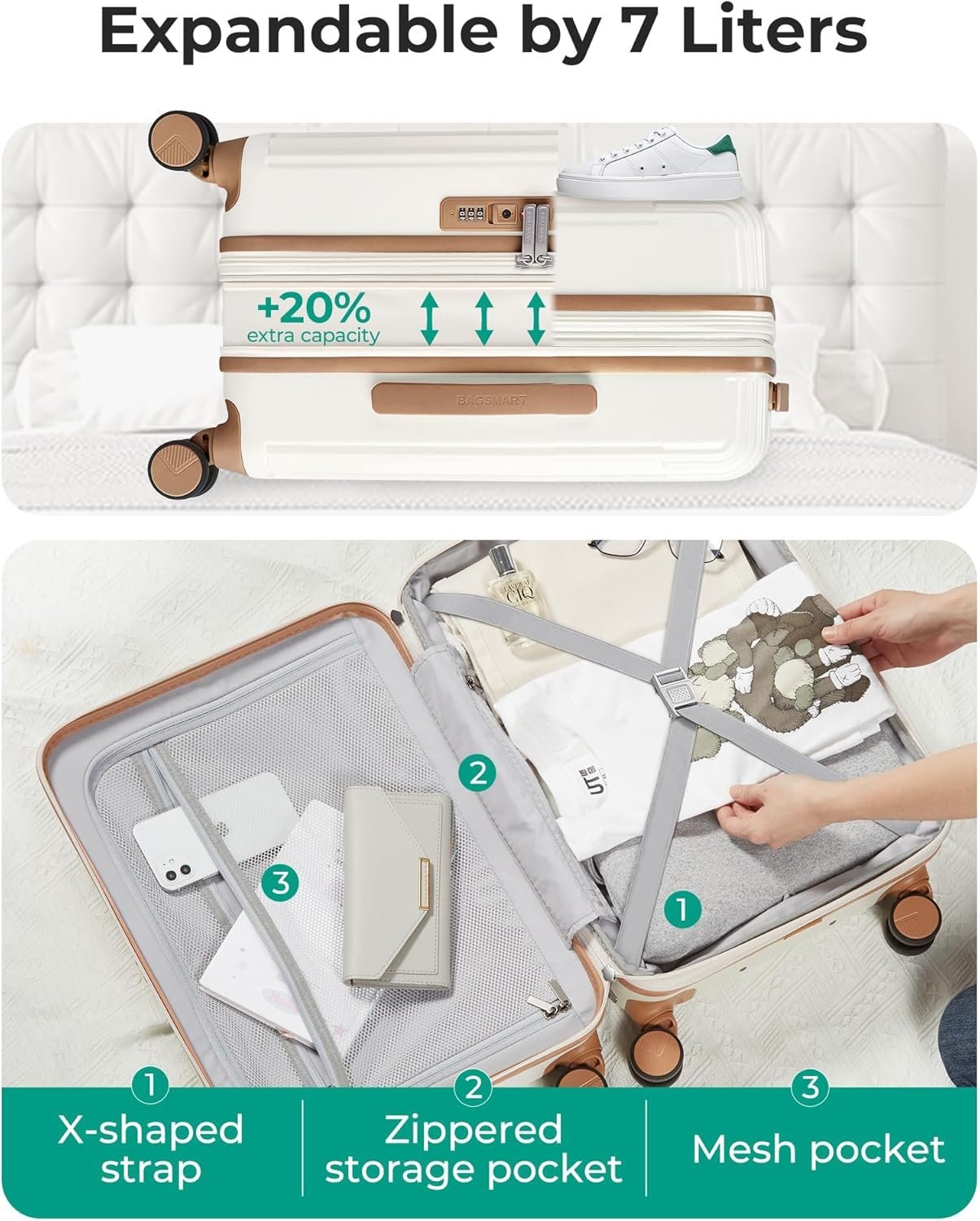 BAGSMART Carry On Luggage 22x14x9 Airline Approved with Spinner Wheels,100% PC Hardside Expandable Luggage with TSA Lock for Trips, 20 Inch Rolling Suitcases for Men Women,Beige - Image 3