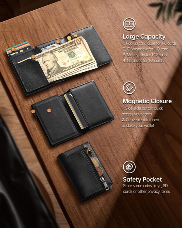 YESIIW Airtag Wallet for Men Compatible With Apple AirTag, RFID Blocking Leather Smart Wallet Air Tag Wallets, Pop Up Card Holder with Money Clip and ID Window Black - Image 8
