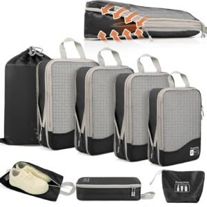Compression Packing Cubes 8 Set, Dual Zipper Compression Packing Cubes for Travel, See-Through Mesh Packing Bags for Suitcases, packing cubes with shoe bag (Black)