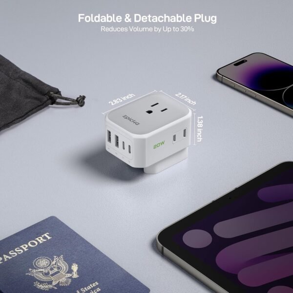 EPICKA Hybrid European Travel Plug Adapter, Foldable & Detachable Type C (EU) VisaPlug, 8-IN-1 International Power Adapter with 4 USB Ports (2 USB-C PD 20W) - Travel Essentials for US to Europe, White - Image 5