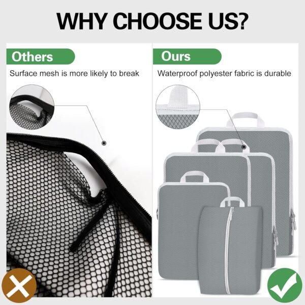 Compression Packing Cubes for Travel,Waterproof Packing Compression Cubes for Travel Packing Organizers,Luggage Cubes for Packing,Ultralight Expandable Packing Cubes Compression (Grey 5 Pack) - Image 5