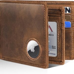 Mens Wallet With AirTag Holder, Bifold Leather RFID Blocking 1-2 ID Windows 12-13 Card Holders, Gift Box and Screen Protector Included, AirTag Not Included