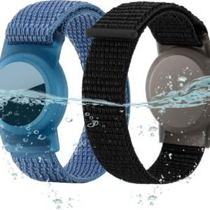 Waterproof Air Tag Bracelet for Kids (2 Pack), Soft Nylon Hidden Air Tag Wristband Full Cover Lightweight GPS Tracker Holder Compatible with Apple AirTag Band for Toddler Child (Black & Blue)