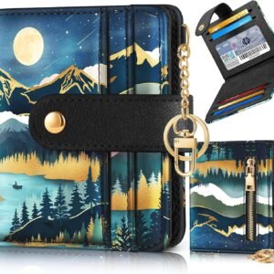 Bistup Wallet for Women Cute Bifold Small Card Wallet Rfid with Keychain for Ladies Teen Girls Female Medium Girly Aesthetic Thin Slim Mountain Unique Pretty Modern Leather Credit Card Holder Purse