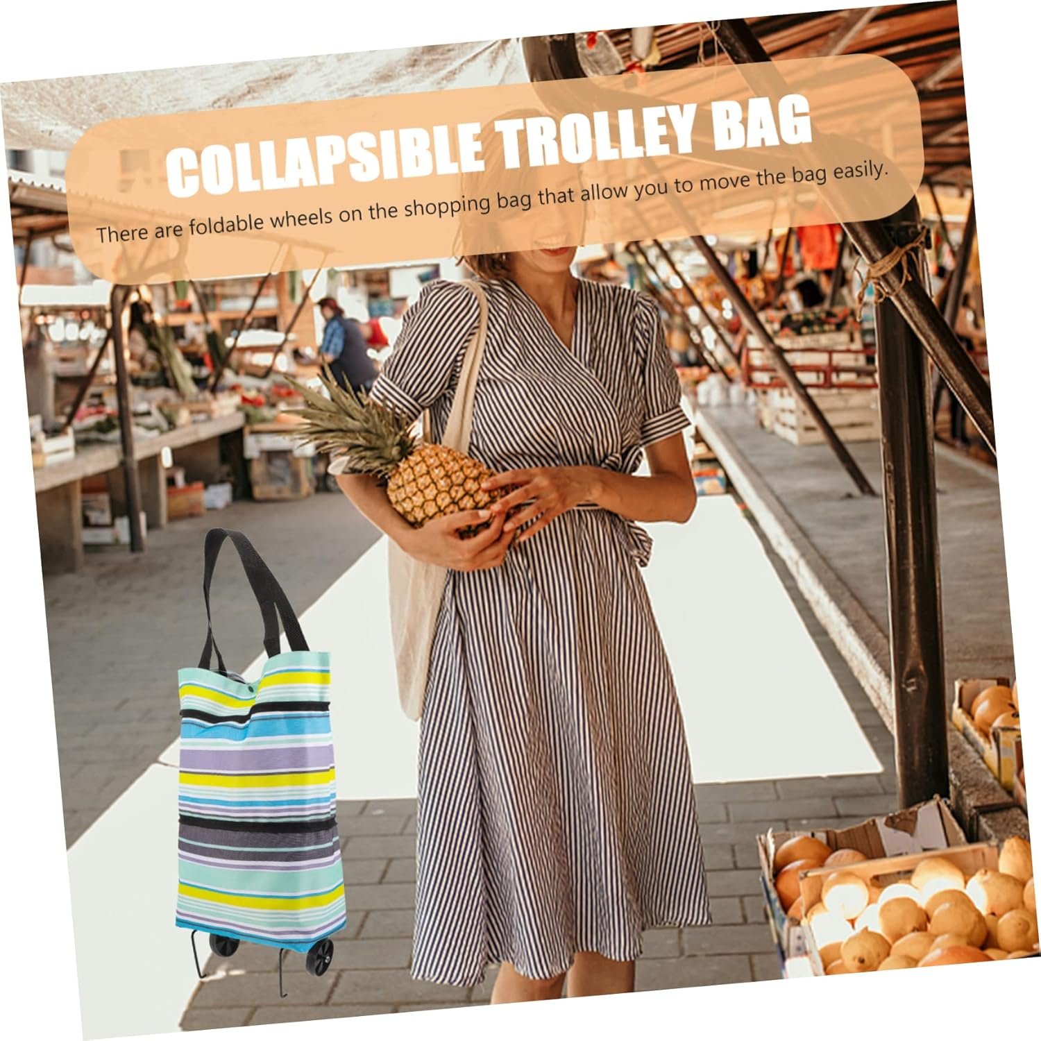 jojofuny Adjustable Handle Foldable Grocery Trolley Bag with Wheels Reusable Shopping Pouch for Travel and Laundry Portable Cart Bag for Daily Groceries and Use Blue Stripe - Image 6