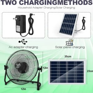 12” Solar Powered Fan with 20W Solar Panel, Portable Battery Operated Cordless Outdoor Floor Fan for Camping, Home, Patio, Worksite – Stepless Speed, Metal Construction and Aluminum Blades