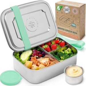 Everusely – Bento Box – Green, 47oz / 1.4 L – Stainless Steel Lunch Box with Leakproof Condiment Container – 3 Compartment Snack Organizer for On the Go Meals – Freezer & Dishwasher Safe
