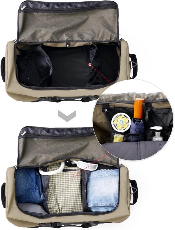 CONTAIL 32”110L Expandable 140L Rolling Duffle Bag with 2 Inline Wheels,Convertible Weekend Travel Bag with Bungee-Cord System,Army Green - Image 6