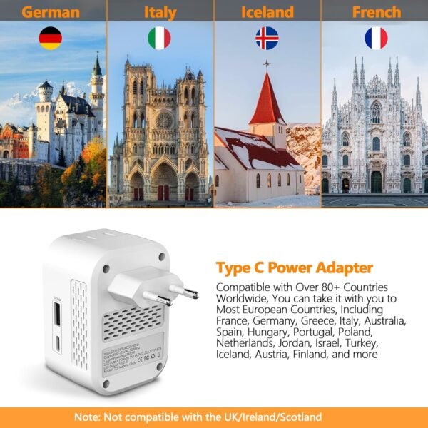220V to 110V Voltage Converter US to Europe International Universal Travel Adapter, 20W PD With 2 USB-A 2 USB-C Port, Worldwide Power Converter Plug Combo US to Spain Italy Greece WHITE-I - Image 5