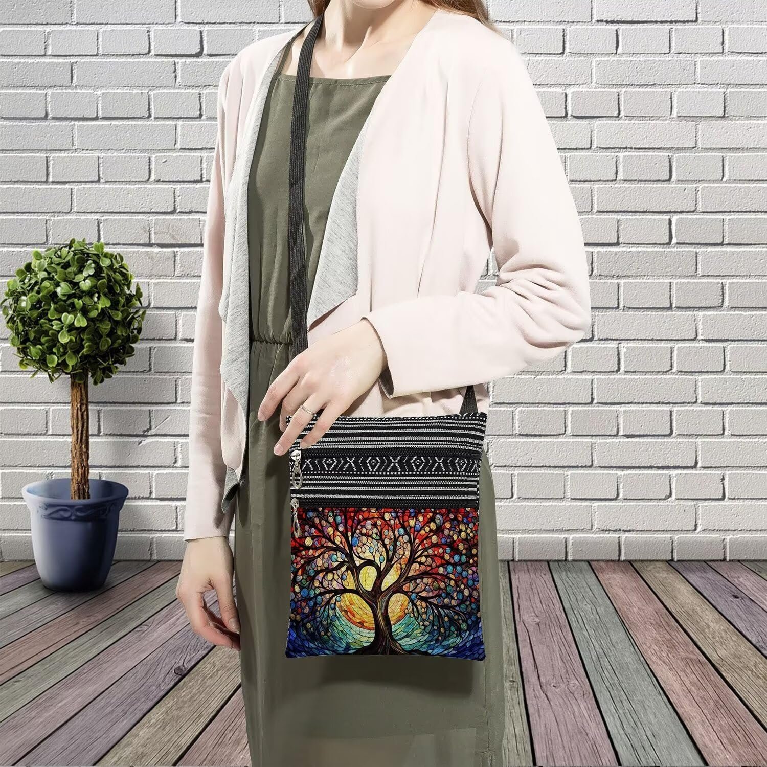Stained Glass Pattern Crossbody Handbag with Zipper Butterfly World Tree Bee Aesthetic Present for Woman - Image 3
