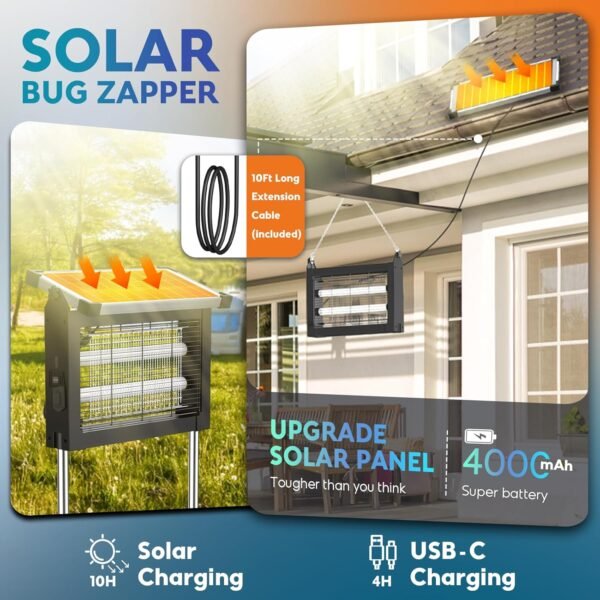 Solar Bug Zapper Outdoor, PhatroyYee Mosquito Zapper 4500V, Waterproof Portable Fly Zapper, Rechargeable Electric Mosquito Killer, Cordless Fly Insect Mosquitos Trap for Patio Yard Home Garden Camping - Image 2