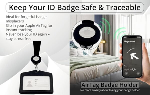 Lanyard for Id Badge Reel with AirTag Holder – Apple AirTag Compatible Plastic ID Badge Tracker for Safety – Easy Access, Secure & Stylish Double Sided ID Badge – Black - Image 4