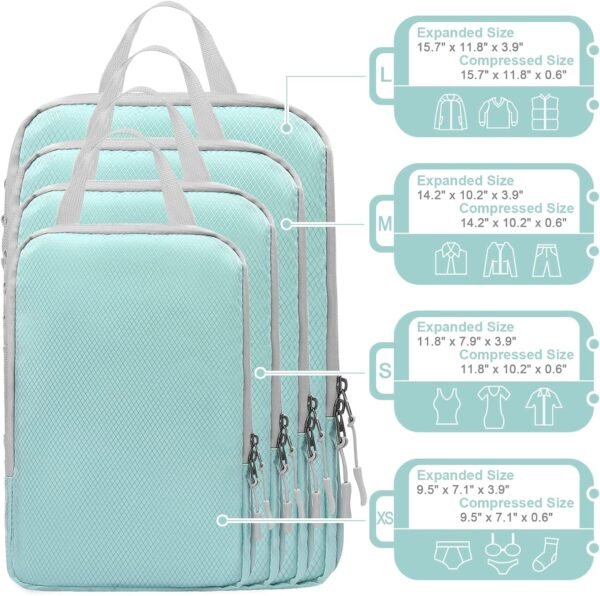 WOOMADA Compression Packing Cubes for Suitcases Travel Essentials 4 Set Expandable Travel Bags Organizer for Luggage(turquoise) - Image 4