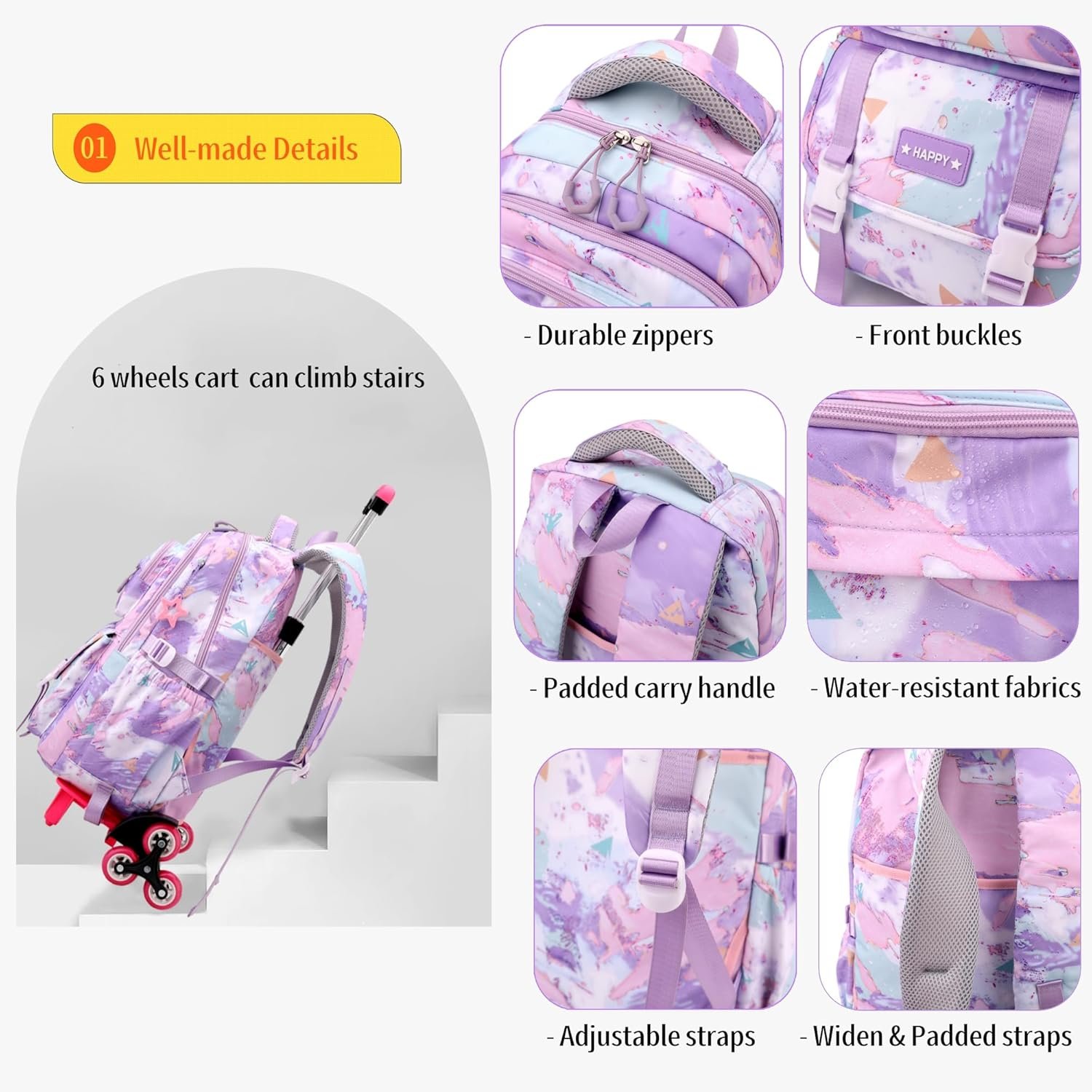 Kids Rolling Backpack for Girls School Backpack with Wheels for Boys Wheeled Bookbags Roller Trolley Bags for Primary Students, 6-Wheel Black - Image 5