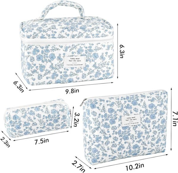 3Pcs Makeup Bag Quilted Cosmetic Bag Set Bow Travel Large Makeup Pouch for Women Cute Portable Cotton Toiletry Bag Skincare Organizer Coquette Vintage Travel Essential - Image 4