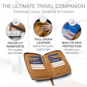 Full Grain Leather Family Passport Holder for 2-4 Passports – RFID Passport Holder and Travel Document Organizer – Large Leather Travel Wallet for Couples and Families – Camel