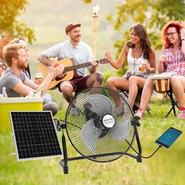 14 Inch Solar Powered Floor Fan Rechargeable,15000mAh Battery Portable Cordless Fan with Solar Panel AC Charger,12 Speeds Blades Table Fan for Outdoor, Camping, Travel, Garage, BBQ, Fishing (Black) - Image 5