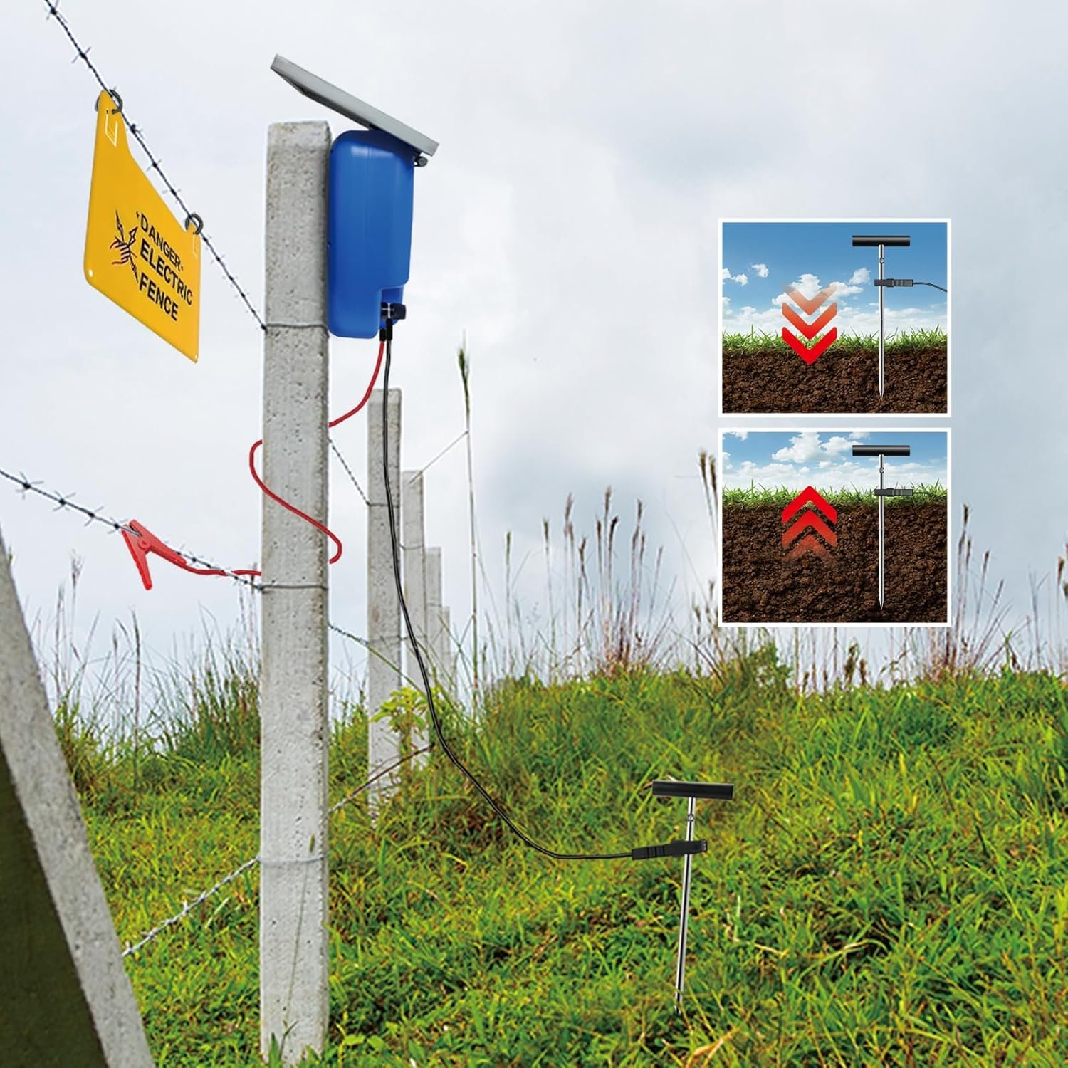 Electric Fence Grounding Rod Set, Ground Rod for Farm Fence and Electric Fence Jumper Leads Cable with Crocodile Clip for Solar Powered Electric Fence Charger, Electric Fence Energizer - Image 5