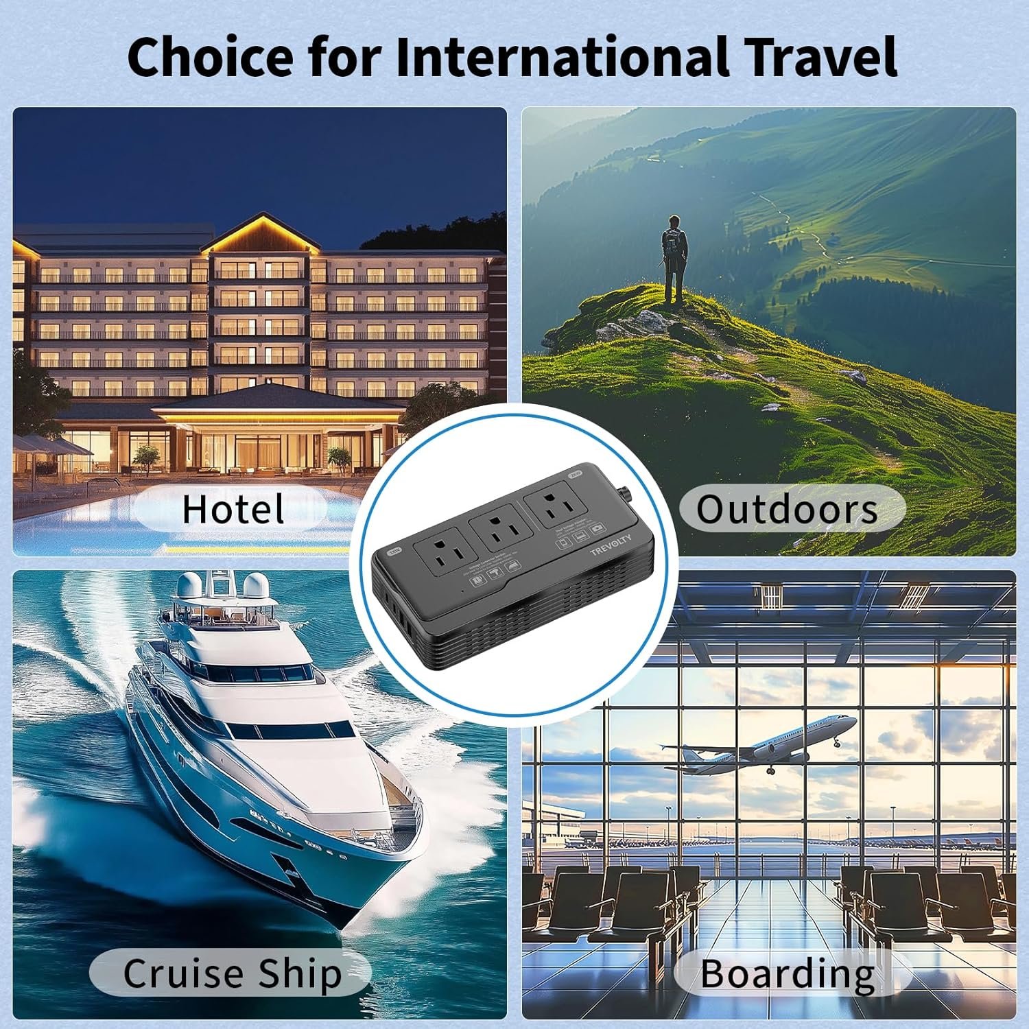 220 to 110 Voltage Converter US to Europe for Hair Dryer & Kettle - 7-in-1 Power Converter Adapter Combo with 3 AC Outlets + 4 USB Ports & EU/UK/IT/AU Plugs. Ultimate Converter for Travel (Black) - Image 7