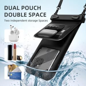 Waterproof Phone Pouch Double Pocket, Floating IPX8 8.5 inch Waterproof Phone Case for Beach Vacation Essentials for Compatible iPhone 16 15 14 Pro Max Galaxy S25 S24 Ultra Phone Pouch Black