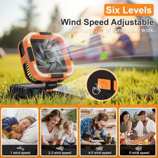 Portable Camping Fan with Solar Panel, 10000mAh Solar Powered fan, 6 Speed Levels, 120° Oscillation, 3 Light Modes, 6H Timer, Handle, Foldable Rechargeable Outdoor Fan for Tent, Hiking, Beach - Image 3