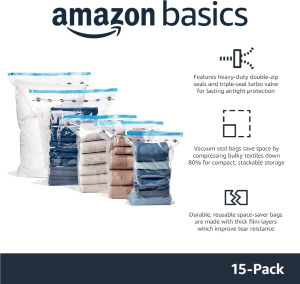 Amazon Basics Vacuum Compression Space Saving Storage Bags with Hand Pump for Clothes Packing, Pack of 15, Multiple Sizes, White - Image 2