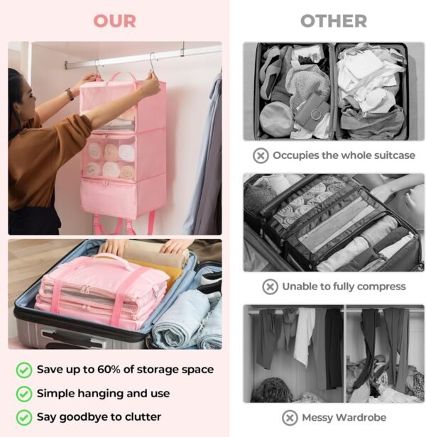 GRANNY SAYS Hanging Packing Cubes for Travel, Large Portable Hanging Suitcase Organizer, Foldable Compression Luggage Organizer Bags for Clothes, Carry on Closet Suitcase, XL-Pink Travel Shelves - Image 6