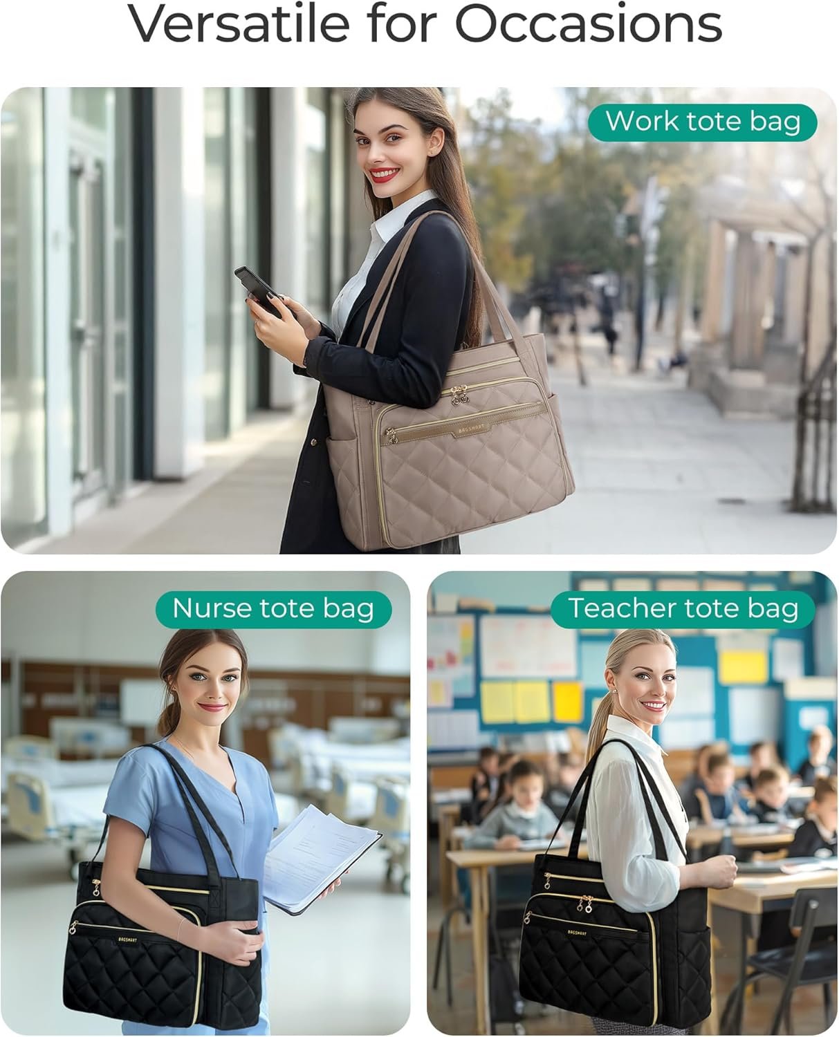 BAGSMART Teacher Tote Bag for Women 15.6in Quilted with Insulated Pocket & Nurse Bag Features (Black) - Image 5