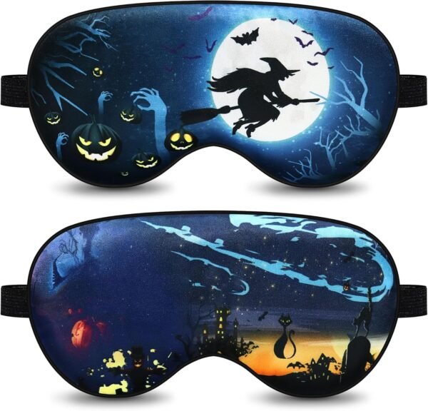 2 Pcs Sleep Eye Mask Halloween Pumpkin Wizard Bat Eye Mask with Adjustable Strap Spooky Black Cat Eye Cover Soft Lightweight Blindfold for Kid Teen Men Women Home Travel Yoga Nap Blindfold Game