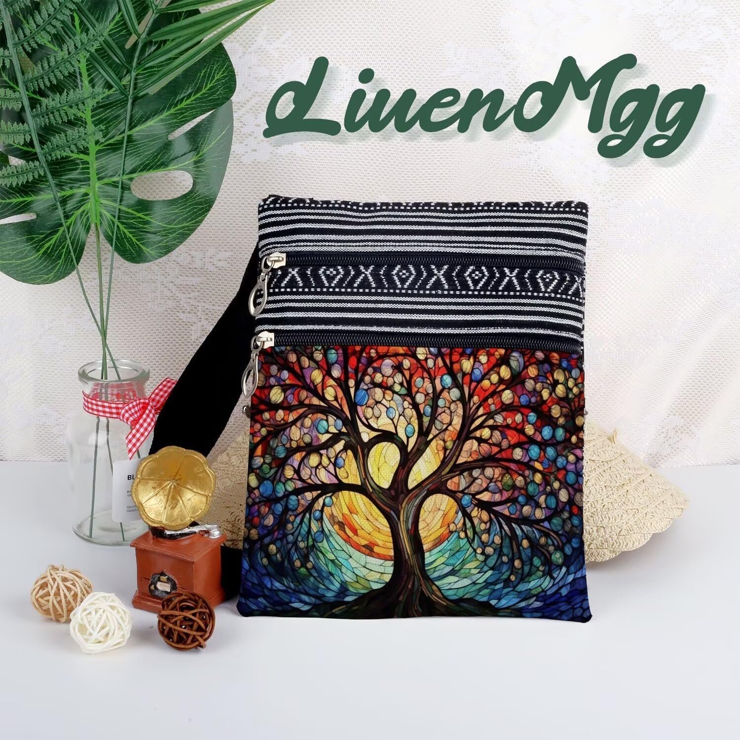 Stained Glass Pattern Crossbody Handbag with Zipper Butterfly World Tree Bee Aesthetic Present for Woman - Image 5