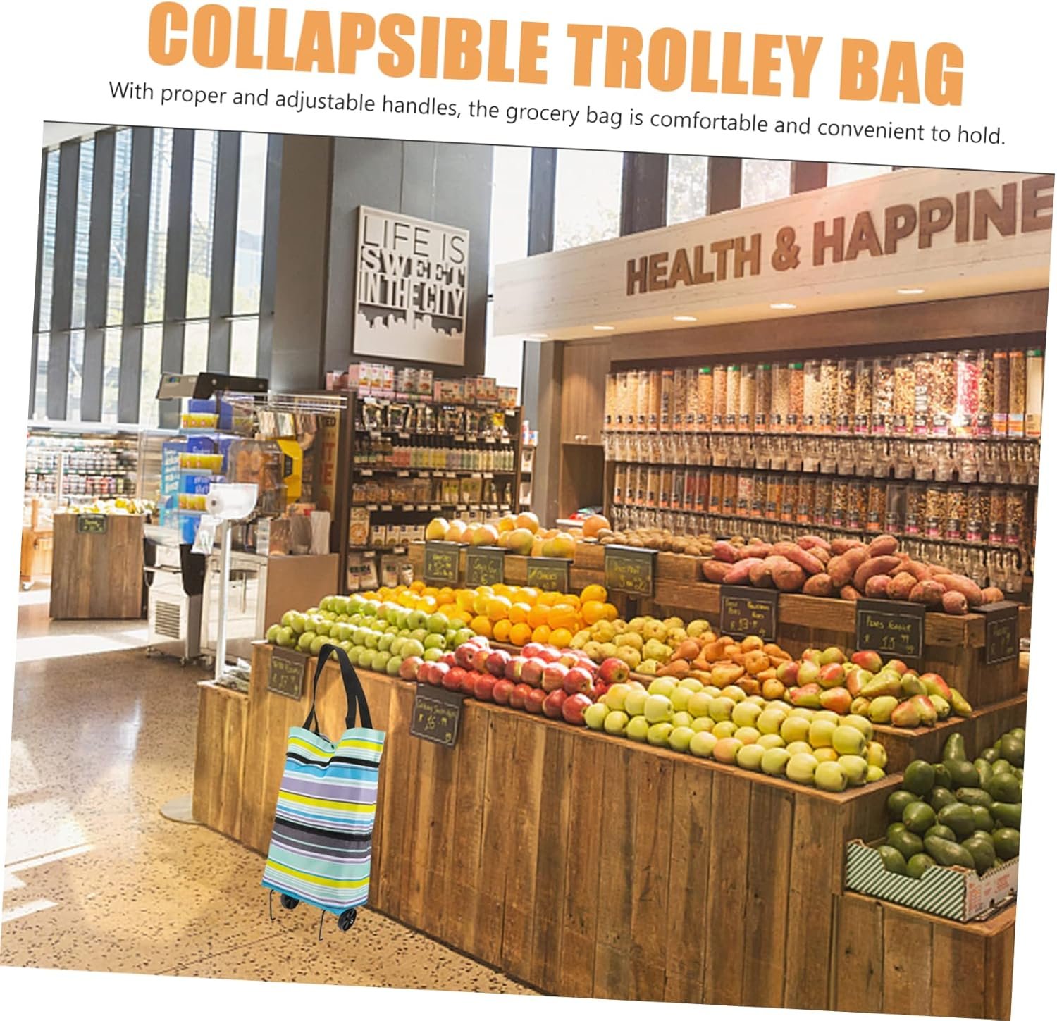 jojofuny Adjustable Handle Foldable Grocery Trolley Bag with Wheels Reusable Shopping Pouch for Travel and Laundry Portable Cart Bag for Daily Groceries and Use Blue Stripe - Image 4