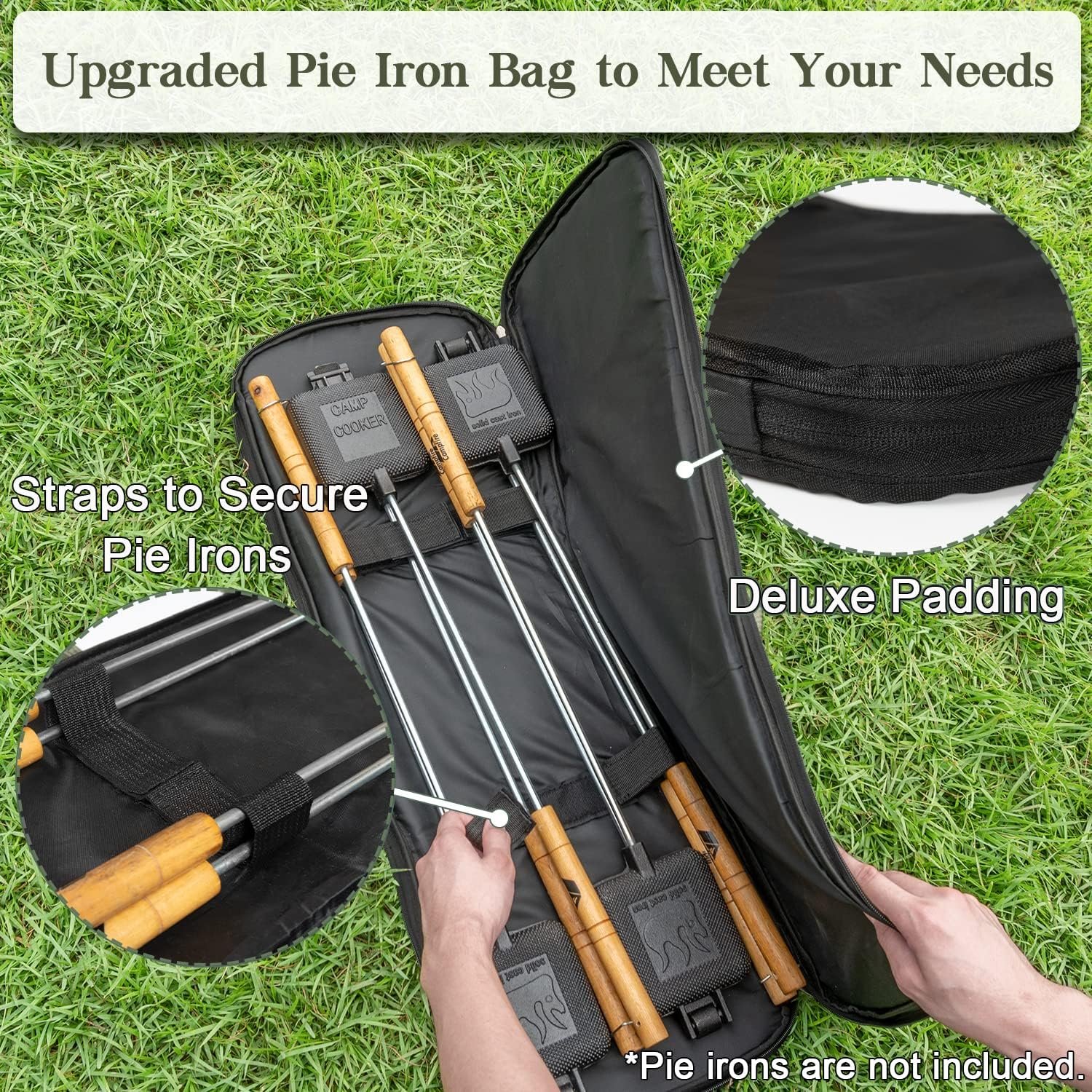 Deluxe Pie Iron Bag for Mountain Pie Maker Cast Iron Storage Fits up to 4, Heavy Duty Padding with Extra Pocket for Campfire Accessories, Strong Straps to Secure, Camping Storage Bag 32×12in - Image 2