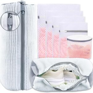 XXL Shoe Washing Machine Bag – 2 Reusable 360° Deep Clean Shoe Washing Bag for Washer and Dryer, Durable Zipper Laundry Shoe Bag Kit Include Laundry Bag for Delicates/Bra Laundry Bags (White)