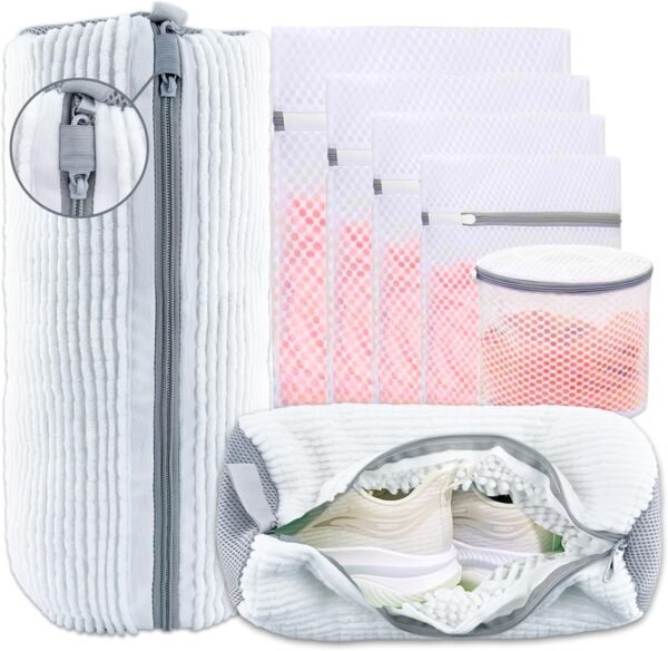 XXL Shoe Washing Machine Bag - 2 Reusable 360° Deep Clean Shoe Washing Bag for Washer and Dryer, Durable Zipper Laundry Shoe Bag Kit Include Laundry Bag for Delicates/Bra Laundry Bags (White)