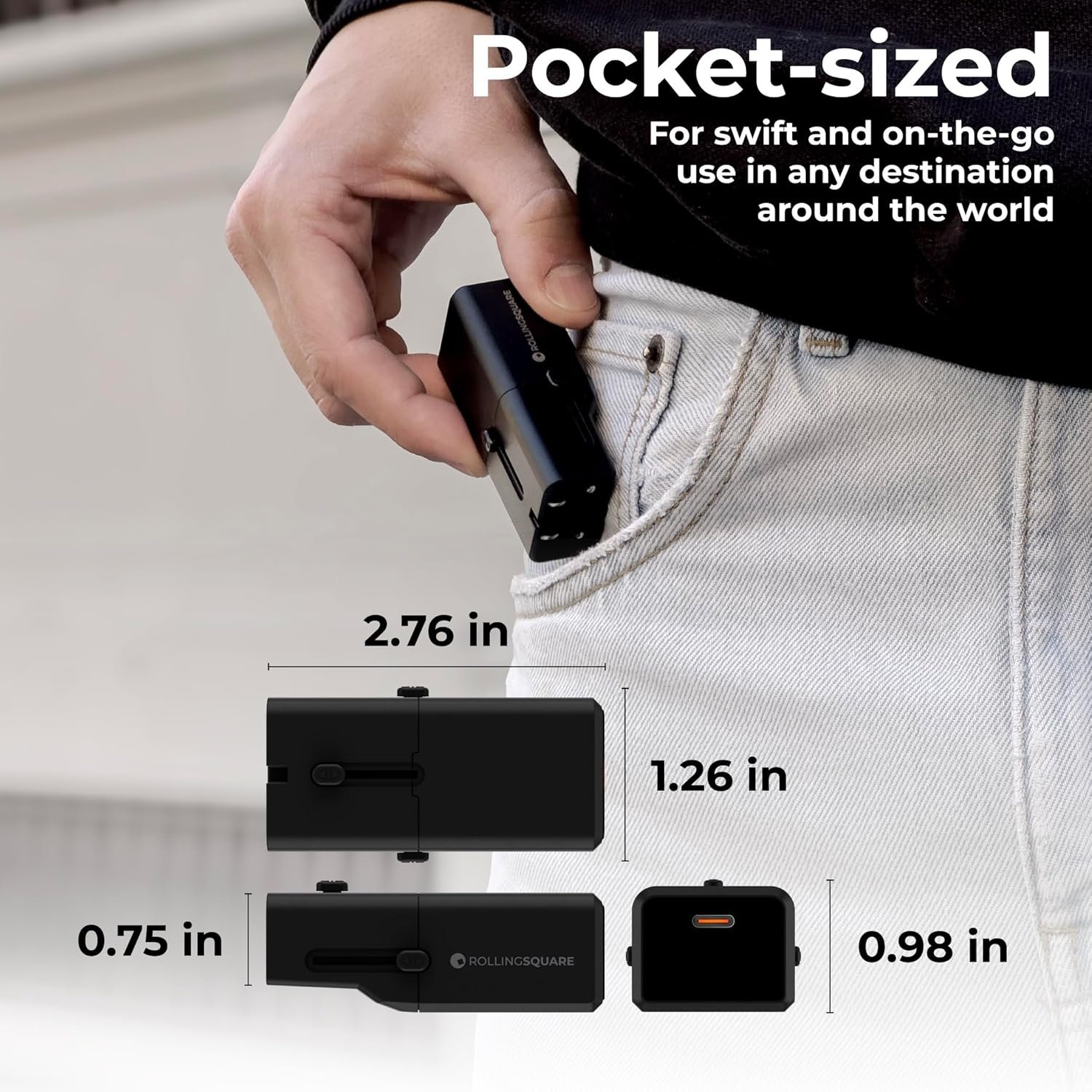 Rolling Square Portable Pocket Travel Adapter I Universal USB-C Charger for 200+ Countries I US, EU, UK, AU Plug 30W Fast Charging for Smartphones, Tablets & More I Compact & Lightweight I Black - Image 4