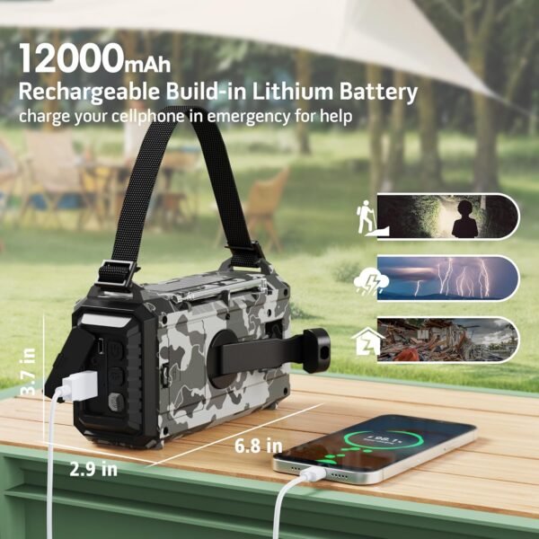 Mesqool Emergency Radio AM/FM/SW/NOAA Weather Radio, 12000 Battery Powered Rechargeable Hand Crank Solar Radio Flashlight Cell Phone Charger, SOS, Including Type-C Adapter Cord - Image 3