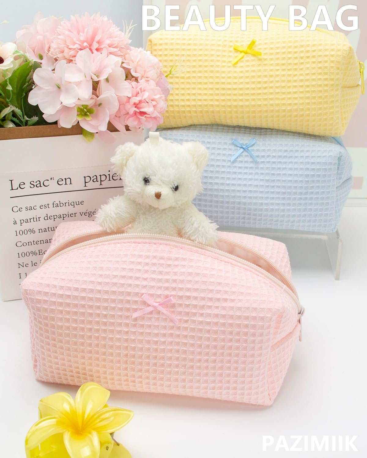 Cozy Makeup Bag Travel Cosmetic Bag for Women Soft Toiletry Bag Aesthetic Makeup Organizer Portable Large Zipper Pouch for Skincare Beauty Accessories Brushes Waffle Check Light Pink - Image 7