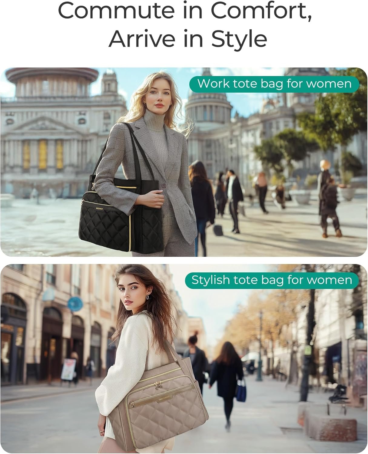 BAGSMART Teacher Tote Bag for Women 15.6in Quilted with Insulated Pocket & Nurse Bag Features (Black) - Image 4