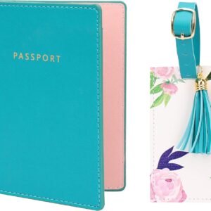 Luggage Tag with Passport Holder Cover for Women Gift Set | Synthetic Vegan PU Leather Wallet Travel Accessories | Cruise Essentials (Blue Floral)
