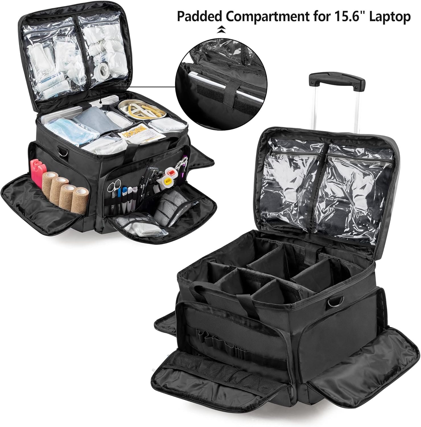 Trunab Rolling Medical Bag with Detachable Trolley, Nurse Rolling Bag with Removable Dividers 15.6” Laptop Sleeve, First Aid Responder Bag Empty for Home Health Nurses, Doctors, EMT, EMS - Image 2