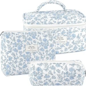 3Pcs Makeup Bag Quilted Cosmetic Bag Set Bow Travel Large Makeup Pouch for Women Cute Portable Cotton Toiletry Bag Skincare Organizer Coquette Vintage Travel Essential