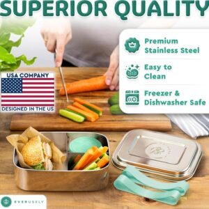 Everusely – Bento Box – Green, 47oz / 1.4 L – Stainless Steel Lunch Box with Leakproof Condiment Container – 3 Compartment Snack Organizer for On the Go Meals – Freezer & Dishwasher Safe
