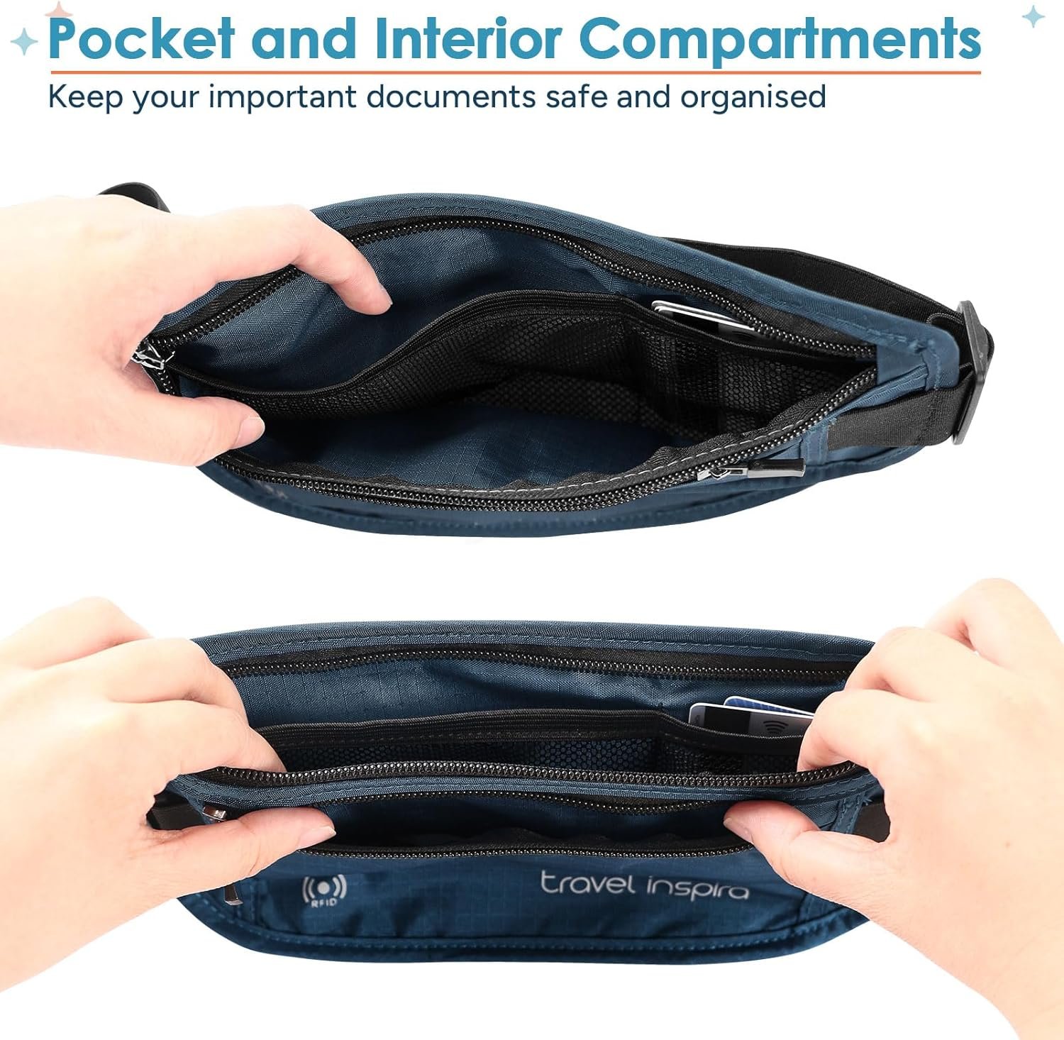 travel inspira Travel Money Belt with Slim Anti-Theft RFID Blocking Passport Holder for Travel Concealed under Clothes for Ultimate Protection of Credit Cards, Cash, Passport & Documents, Navy Blue - Image 9