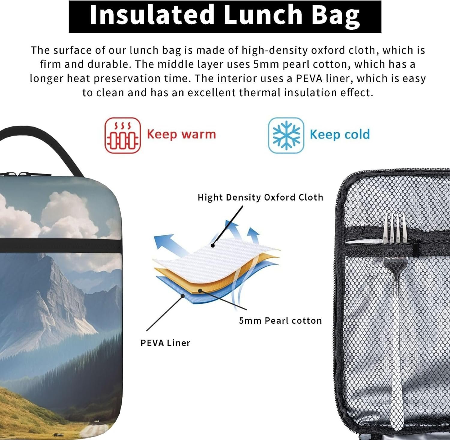 Lunch bag Mountain Landscape Lunch Box Leakproof Lunch Tote Bag Insulated Cooler Bags for Picnic Travel - Image 4