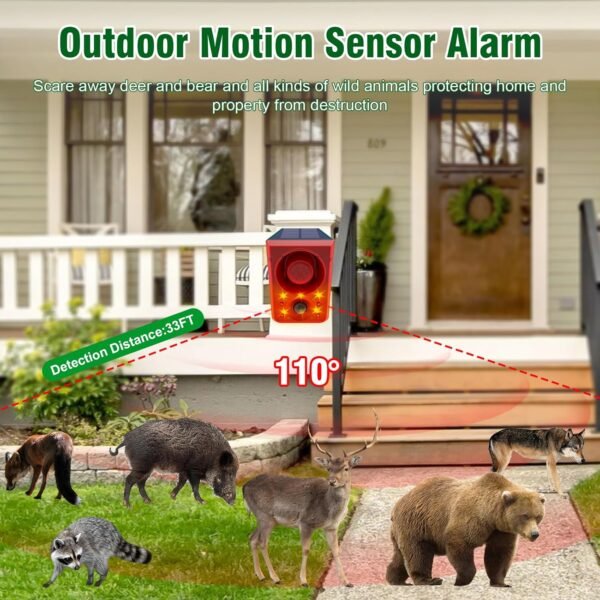 ChunHee Solar Outdoor Motion Sensor Alarm with Dog Barking Gunshot Sound, Support Recording and Adjustable Volume, 130db Loud Noise Maker 3 Work Modes Strobe Light for Home, Villa, Farm, Barn (6pack) - Image 2