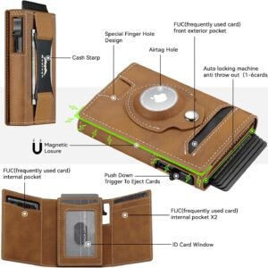 Smart Airtag Wallet for Men Slim: Pop up Card Wallet with Airtag Holder – Apple Air tag Wallet with Cash Strap – RFID Leather Trifold Wallet Men for Gifts