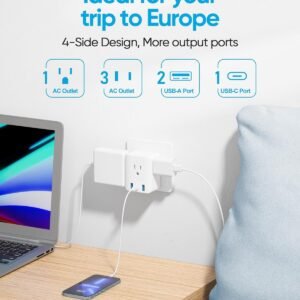 European Travel Plug Adapter, Olcorife Foldable International Power Adapter with 4 Outlets 3 USB Ports, Type C Plug Adapter for US to Europe, Italy Spain Iceland France Germany