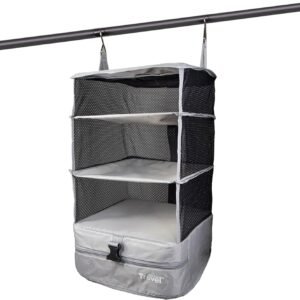 Stow-N-Go Portable Hanging Travel Shelves, Packing Organizer for Luggage. Carry on Closet with Hanger for Clothes. Expandable Packing Cube. Travel Essentials, Light Gray – L