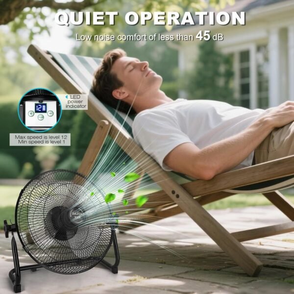 DBF 12" Solar Rechargeable Floor Fan, 20W Solar Powered & AC Charge Battery Operated Fan Wireless, 12 Speeds, 12000mAh 4-24H Runtime, 120° Tilt, for Indoor Outdoor Camping Yard Home Outage Garage - Image 9