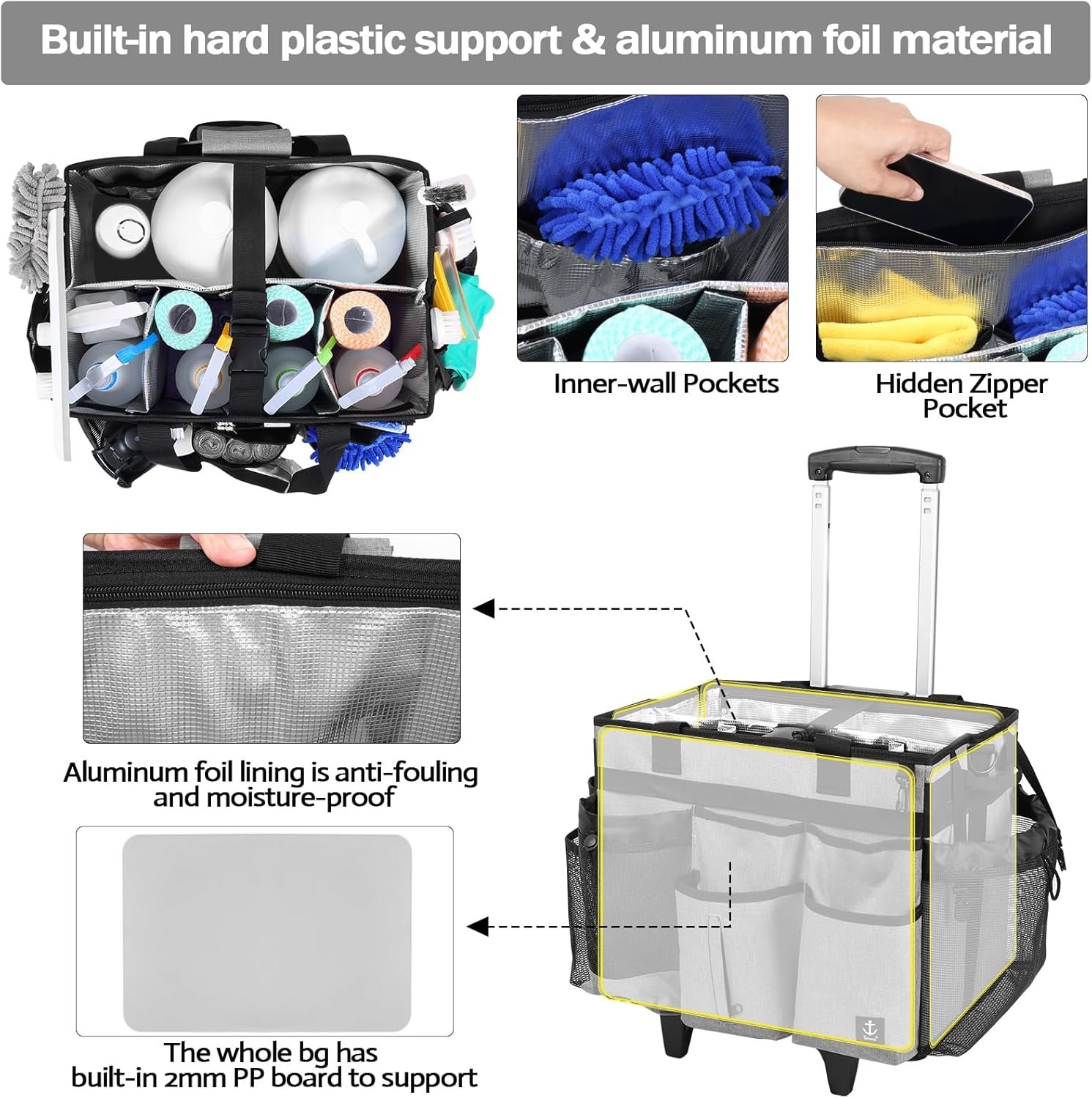 Extra large Rolling Cleaning caddy bag with Detachable, Foldable Trolley Portable Cleaning Cart for Housekeeping Cleaning caddy with Adjustable Shoulder Strap and Multiple Storage Pockets - Image 4